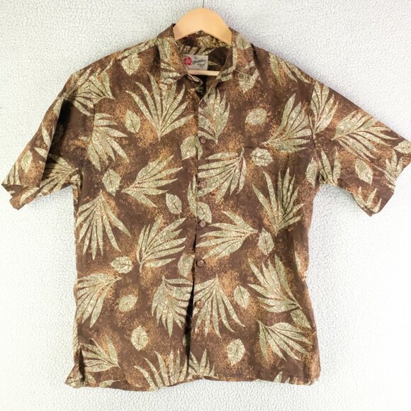 Hilo Hattie Shirt Mens Medium Brown Green Cotton Lawn Tropical Lightweight - Picture 2 of 9